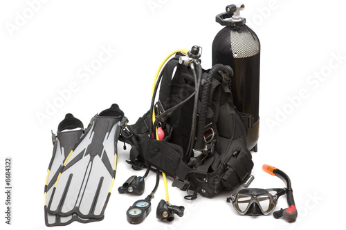 Diving equipment on white background