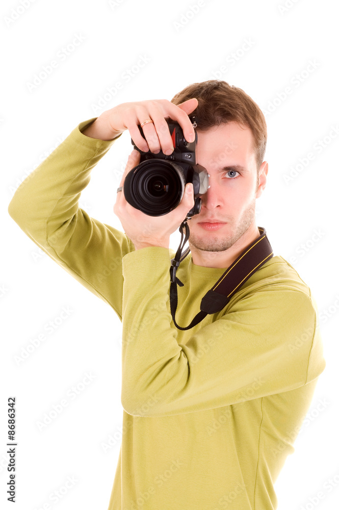 young photographer (isolated on white)