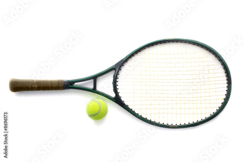 Tennis racket and ball, on white background