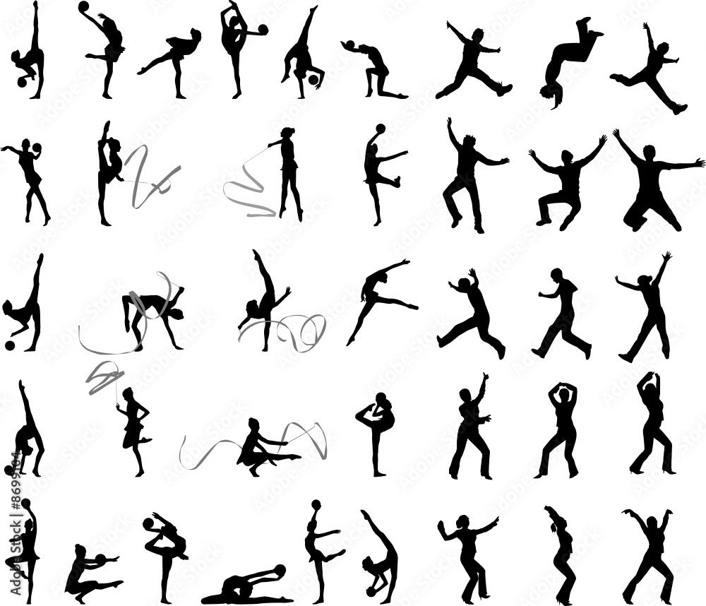 Many silhouettes of people in action