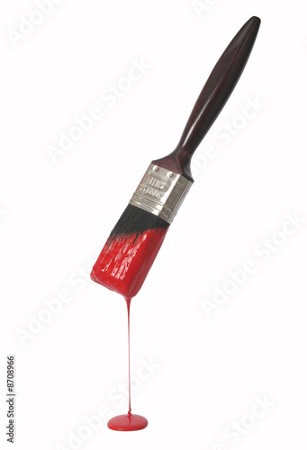 Paintbrush and red paint dripping, on white.