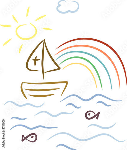 Christliche Symbolik: Fischerboot, Fische, Kreuz photo