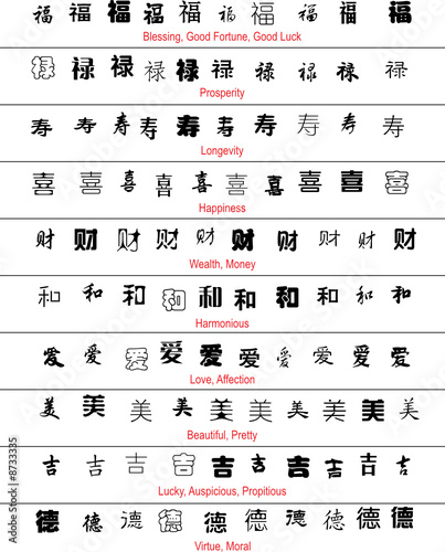 vector chinese lucky symbols with english translation