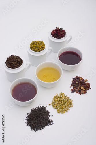 Three cups of tea in different colors with three different types