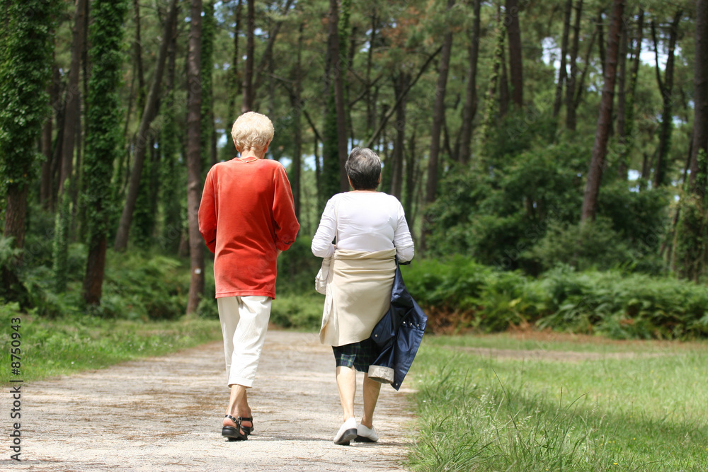 femmes a la retraite entrain de marcher dans les bois