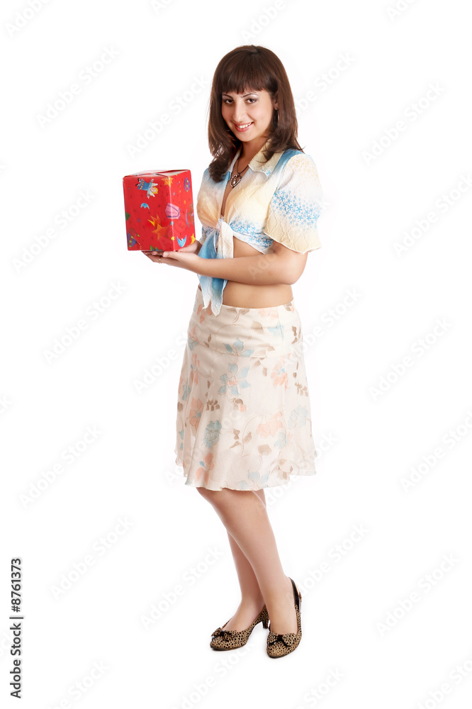 Young woman with a present isolated on white Young woman with a present isolated on white
