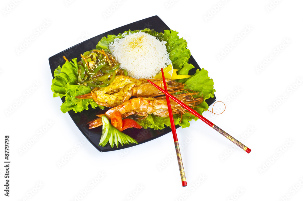 Grilled lobster, rice and vegetables isolated on white Grilled lobster, rice and vegetables isolated on white