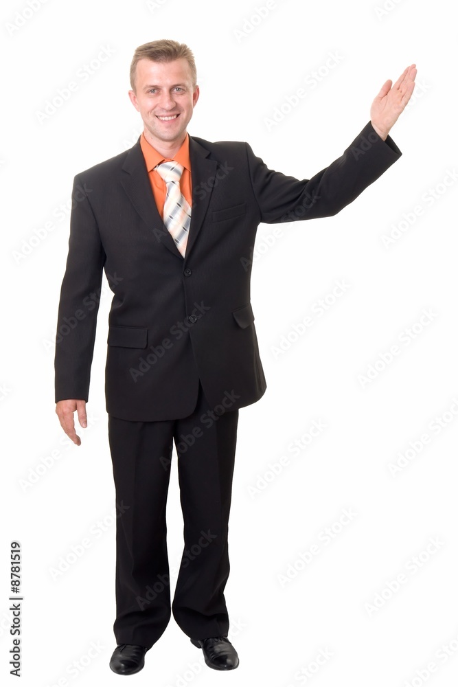 smiling businessman with indicating gesture smiling businessman with indicating gesture