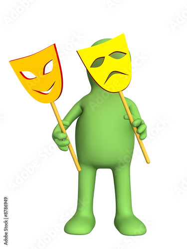 3d puppet with two yellow masks in hands