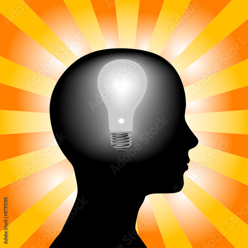 Idea Woman Mind Lightbulb in Silhouette Head on Rays Background