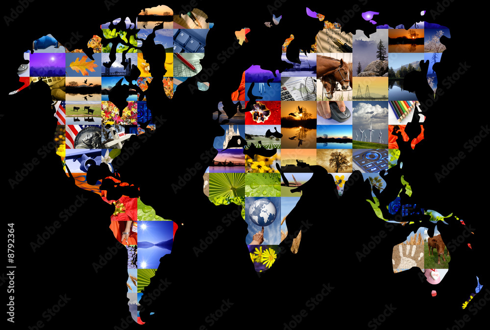 Obraz premium Collage of photographer's color photographs set over world map.