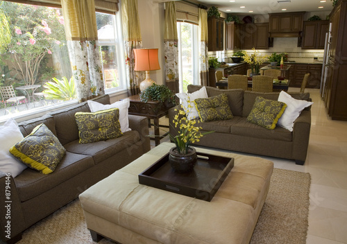 Living room with kitchen in the background.
