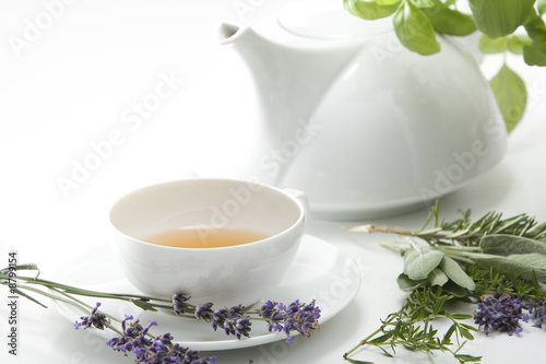 Tea and herbs. Isolated on white. Studio shot.