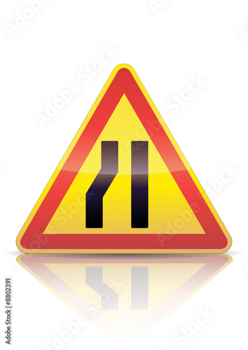 Panneau danger temporaire chaussée rétrécie gauche(reflet métal)