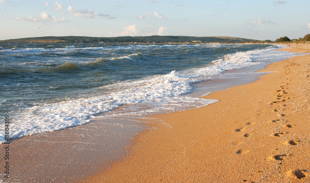 Sea surf wave and sandy beach with footprints