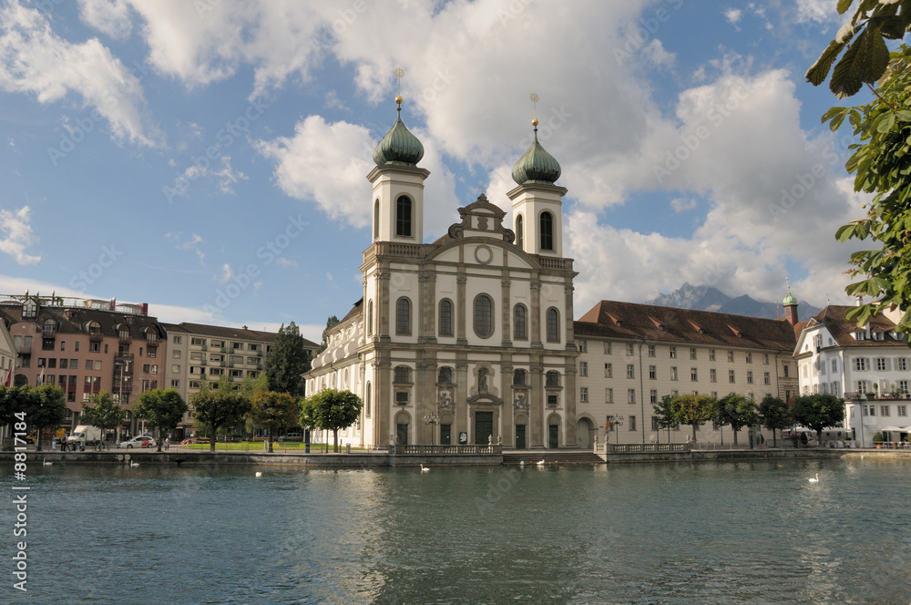 Jesuit Church in Lucerne Switzerland on a beautiful summer day.