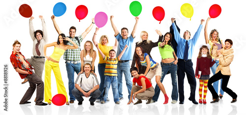 Happy funny people with balls. Isolated over white background.