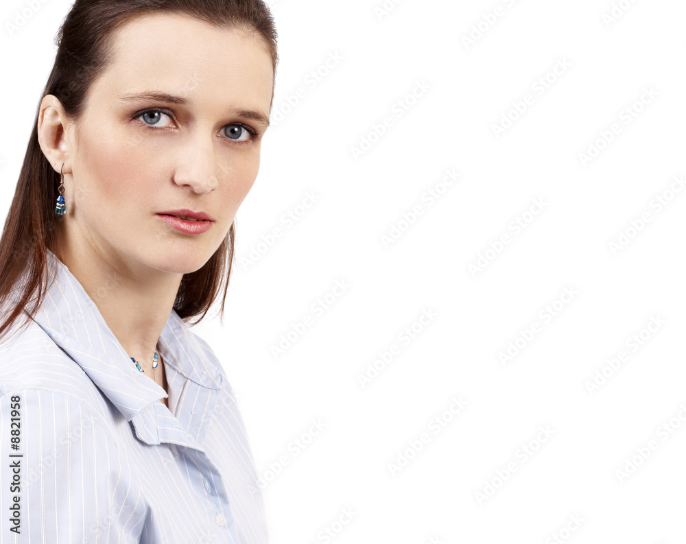 Beautiful brunette businesswoman wearing blue shirt. Beautiful brunette businesswoman wearing blue shirt.