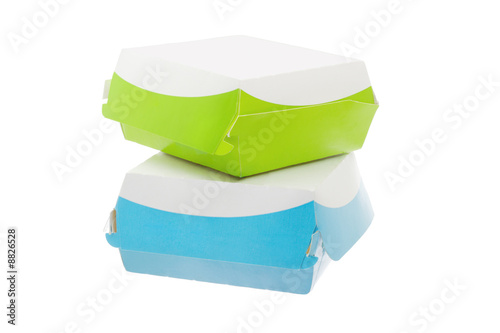 Colorful takeaway paper boxes on white background