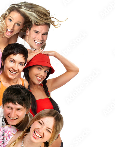 Young happy people smiling. Over white background .