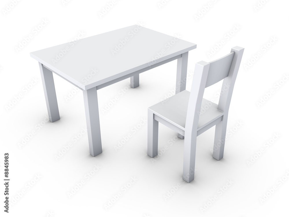 An isolated simple gray table and chair on white background An isolated simple gray table and chair on white background