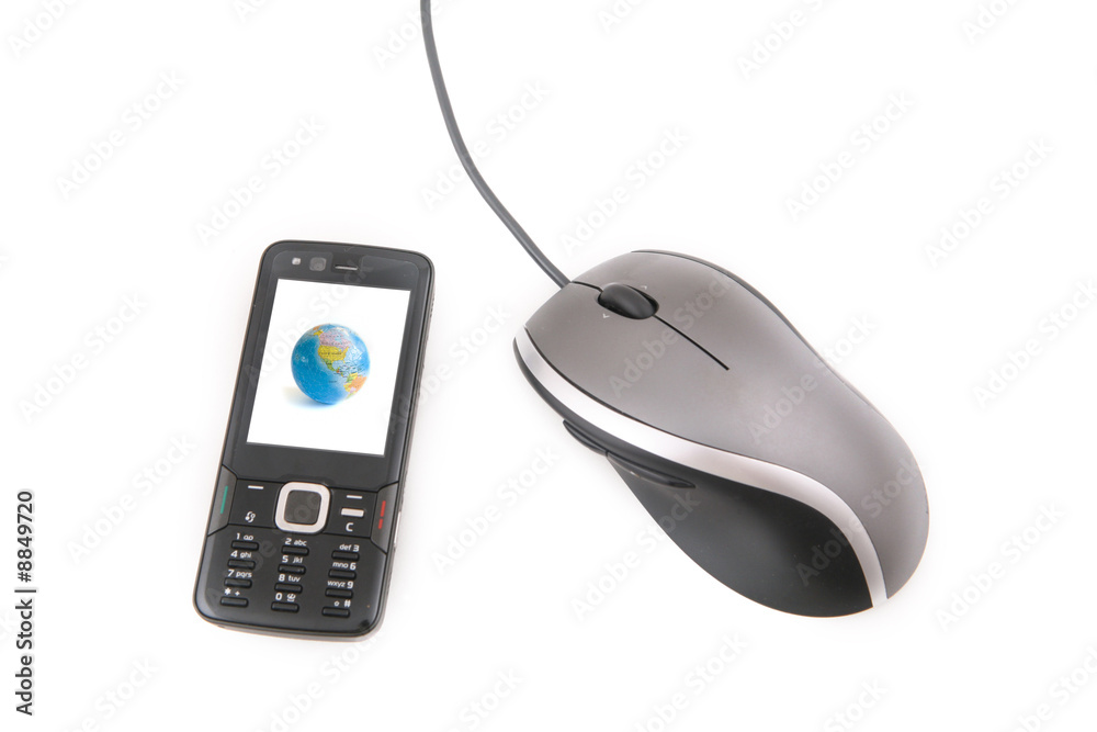 Isolated ergonomic mouse and a black mobile phone Isolated ergonomic mouse and a black mobile phone