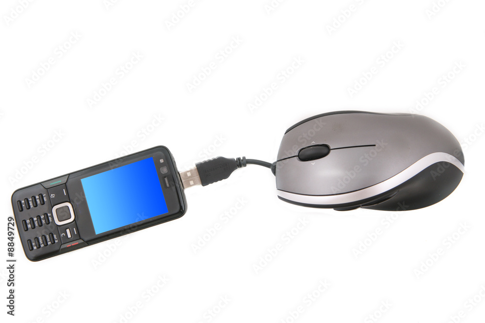Isolated ergonomic mouse and a black mobile phone