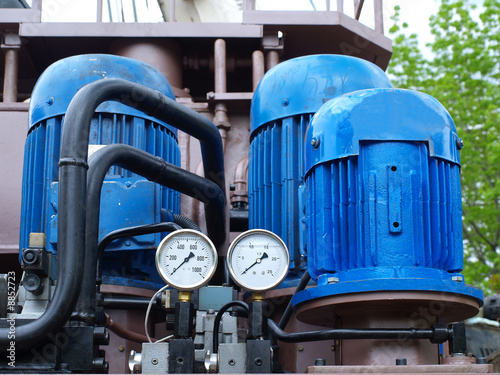 A industrial blue pump in detail