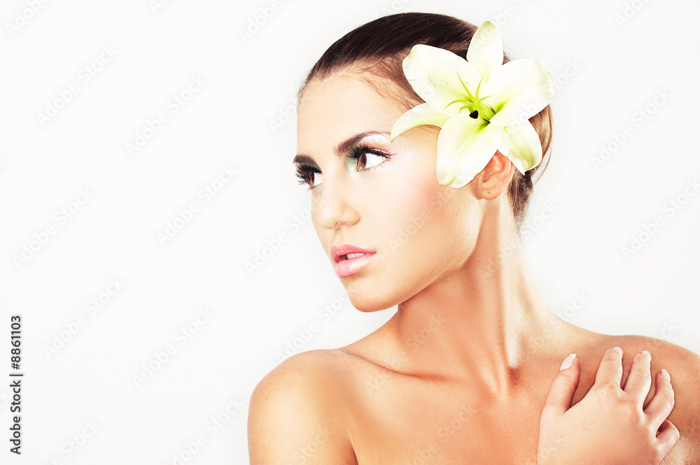 Close-up of beautiful girl with flowers On white background Close-up of beautiful girl with flowers On white background