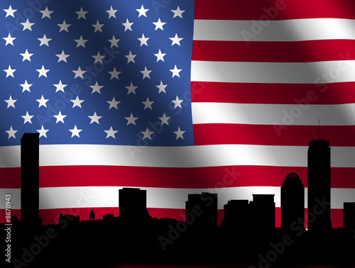 Boston skyline against rippled American Flag illustration