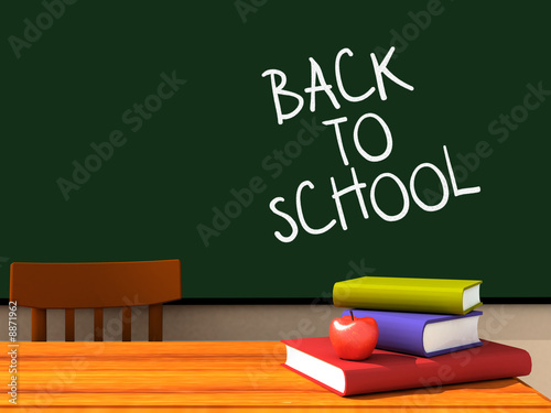 Inside of a classroom with back to school on the chalkboard