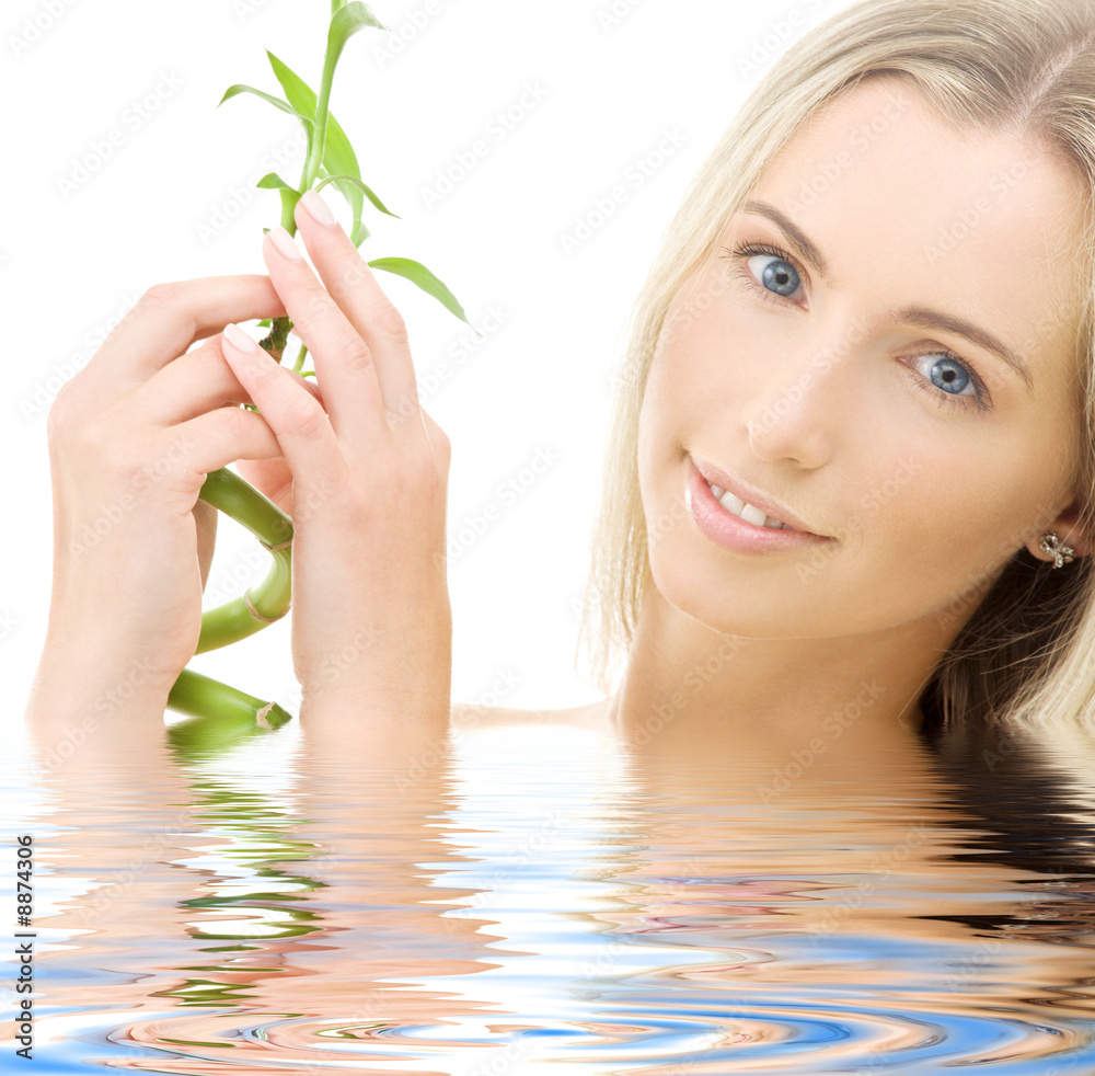 bright picture of happy blonde with bamboo bright picture of happy blonde with bamboo