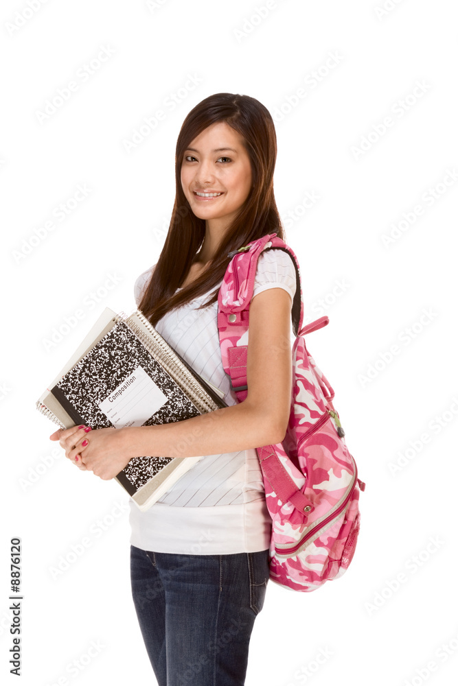 Asian student in jeans with backpack, notebooks Asian student in jeans with backpack, notebooks