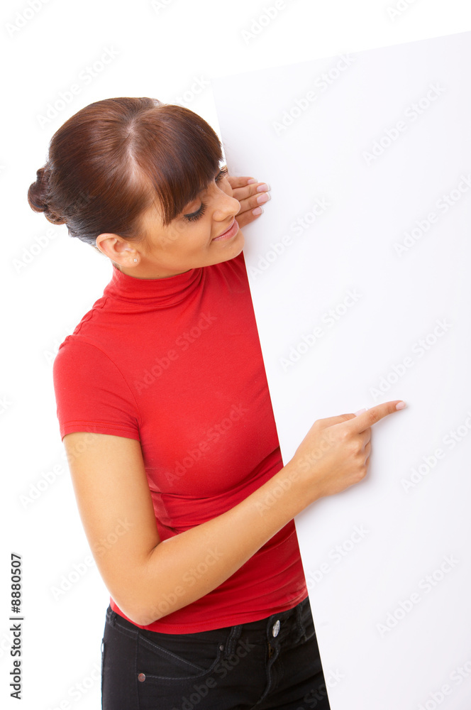 Beautiful business woman holding empty white board Beautiful business woman holding empty white board