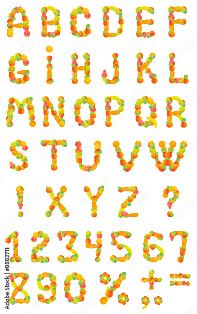 The alphabet from fruit on a white background The alphabet from fruit on a white background