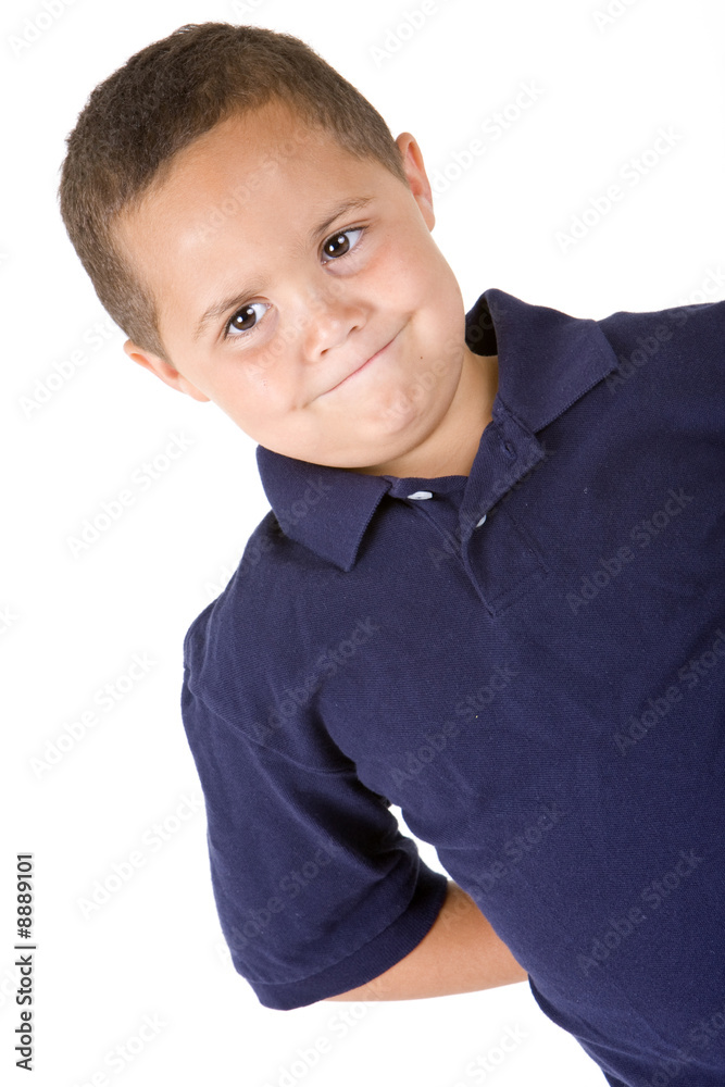 Pensive mixed race boy on white background Pensive mixed race boy on white background