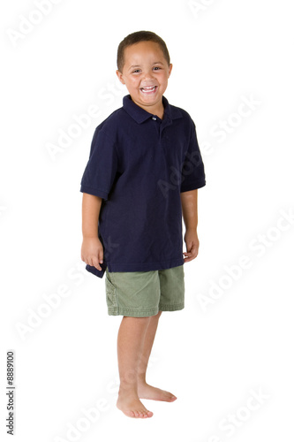 Happy mixed race boy on white background