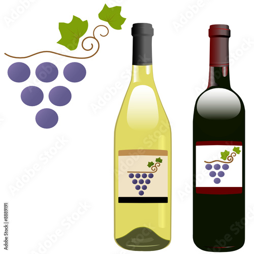 grape vineyard symbol with red & white wine bottles & labels