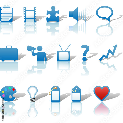 Communications Media Business Icons Reflections Shadows Set Blue