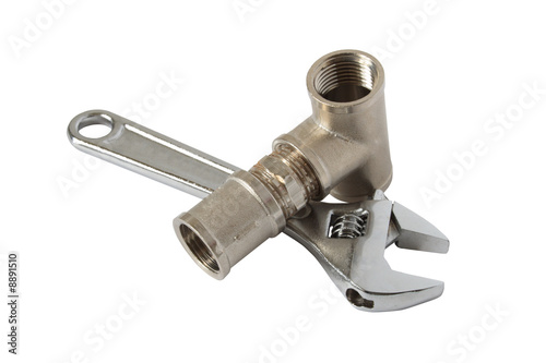 Modern adjustable spanner and nipples on white background