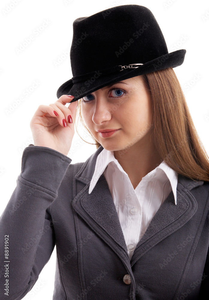 Portrait of young female model in black hat Portrait of young female model in black hat