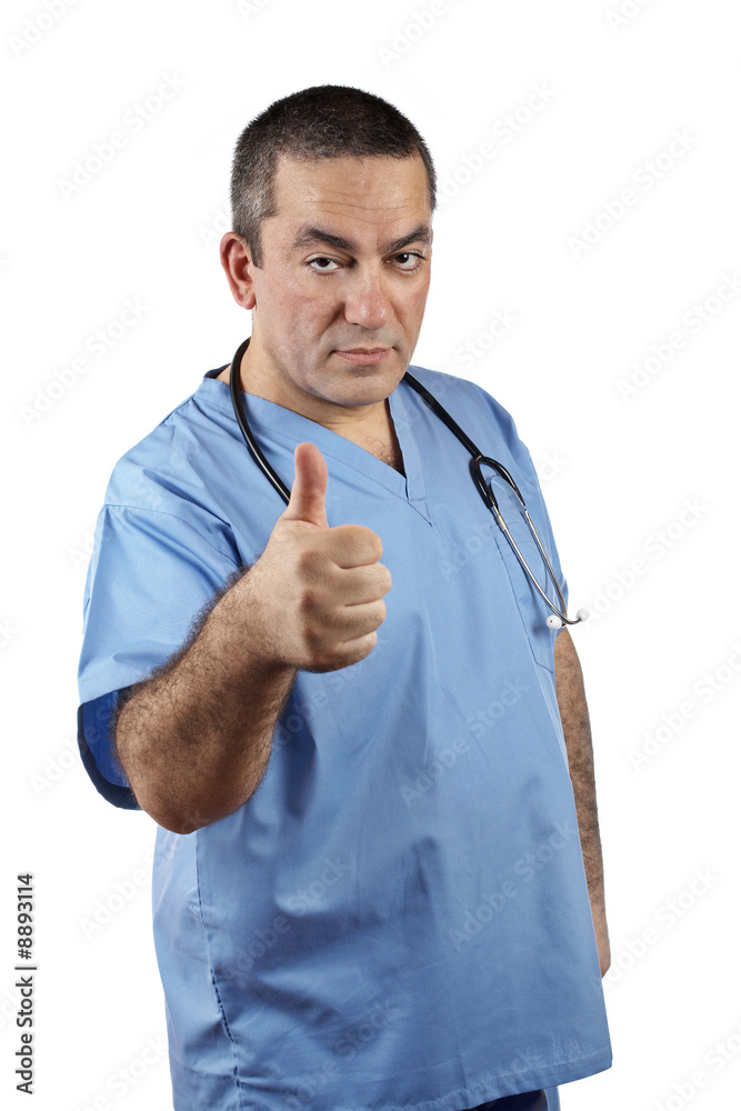 Friendly doctor in blue scrubs with stethoscope. Eyes on focus Friendly doctor in blue scrubs with stethoscope. Eyes on focus