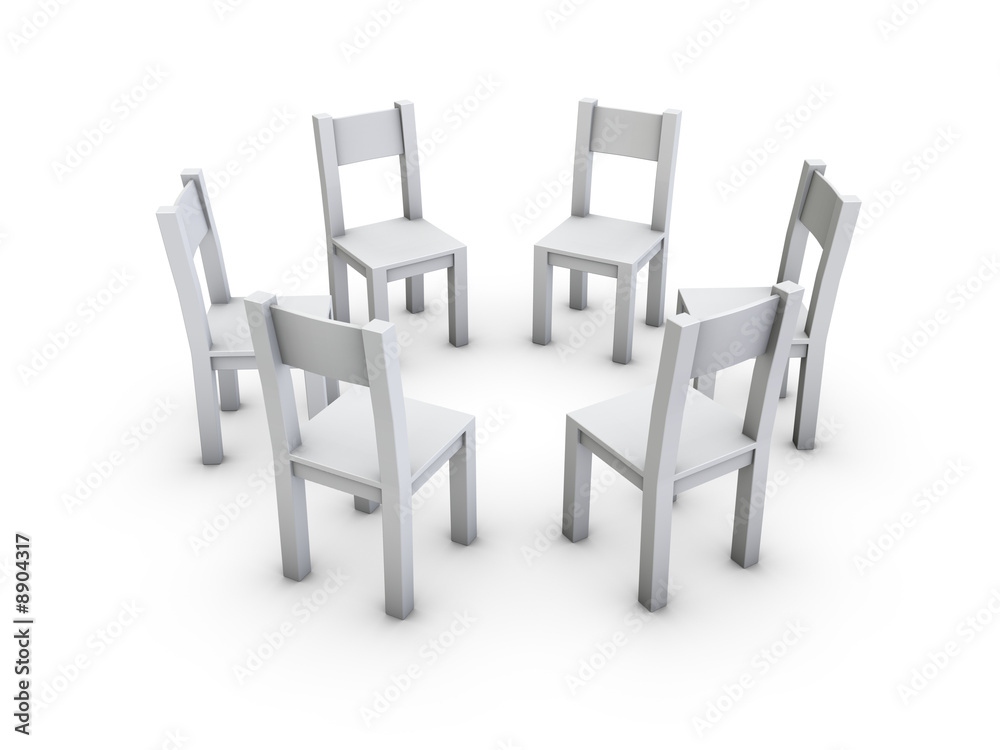 An isolated circle from simple gray chairs on white background