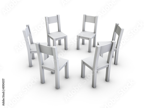 An isolated circle from simple gray chairs on white background
