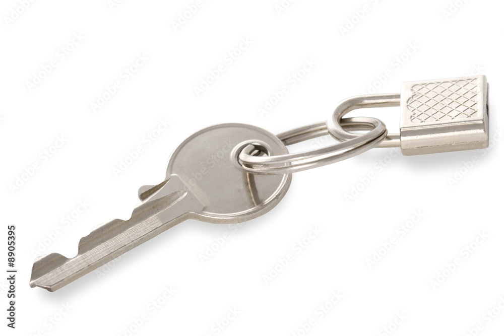 isolated metal silver key with lock, white background