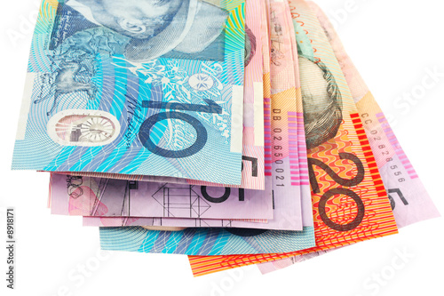 Australian currency, over white. photo