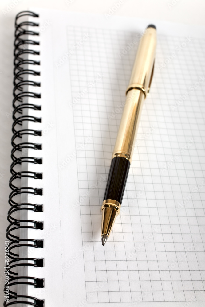 Ballpoint pen resting on notebook over a white background Ballpoint pen resting on notebook over a white background
