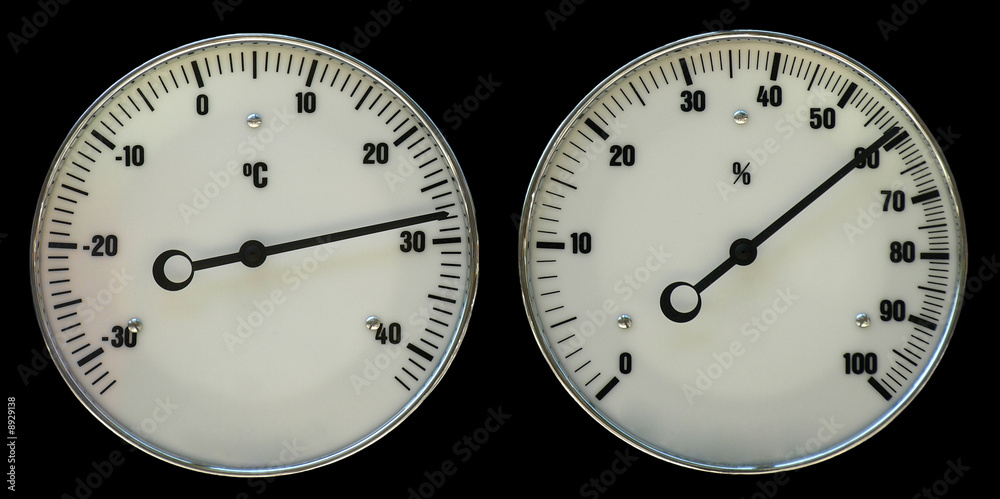 Naklejka premium Thermometer and hydrometer isolated on black