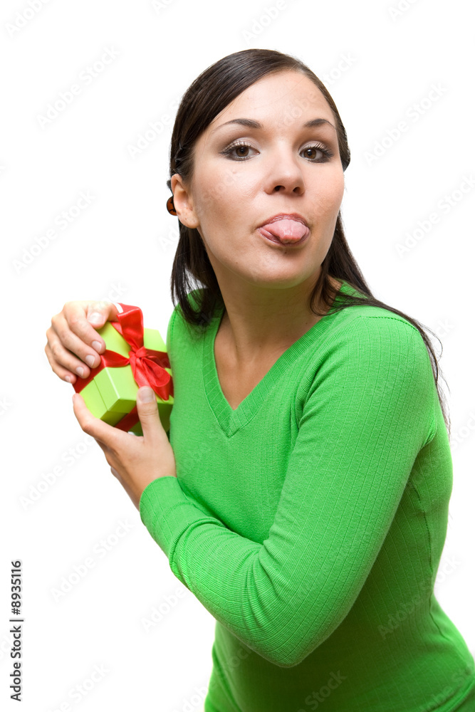 attractive brunette woman holding gift on white background attractive brunette woman holding gift on white background