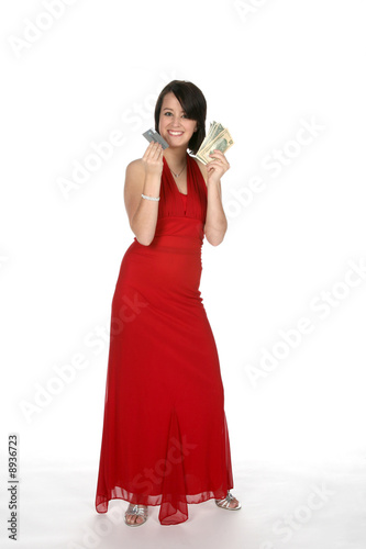 teen in red gown with credit card and cash